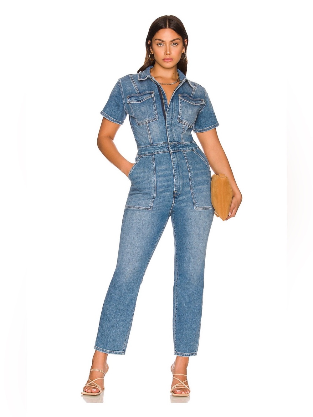 Good American Blue Denim Short-Sleeve Jumpsuit